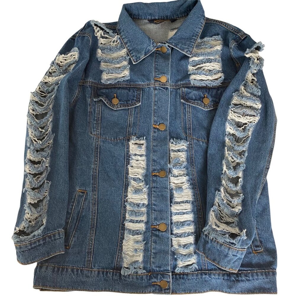 Denimland Paris Collection Jean Jacket Women M Destroyed Rhinestones Embroidered - Picture 11 of 13